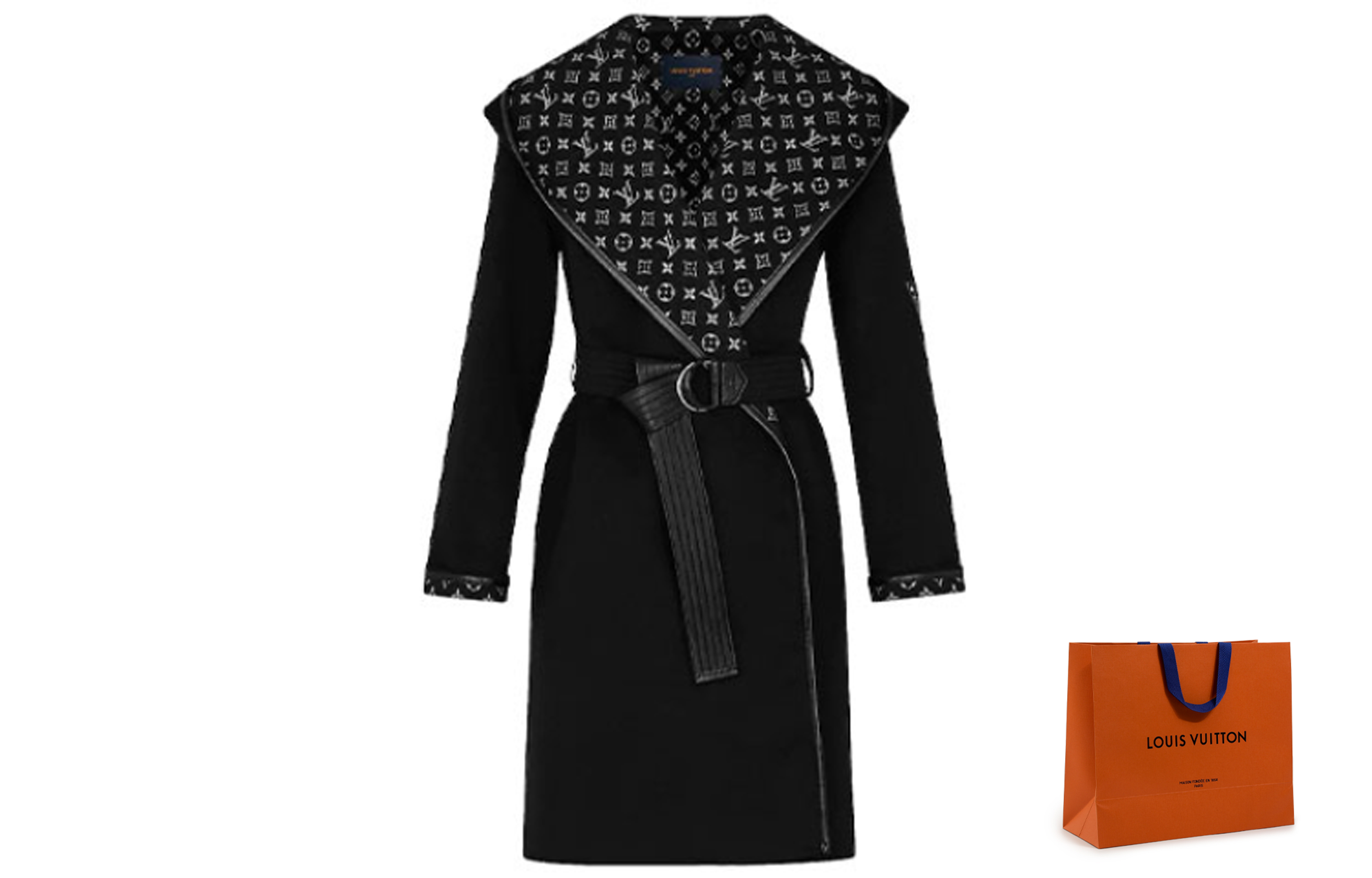 Cheap (W) LOUIS VUITTON 黑色連帽羊毛大衣 帶徽標印花與收腰設計 1A4PEA