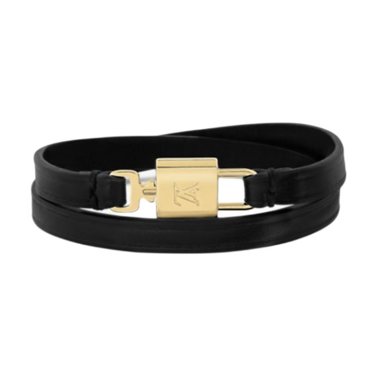 (Women) Louis Vuitton Black Leather Metal Logo Bracelet for Women M4206E