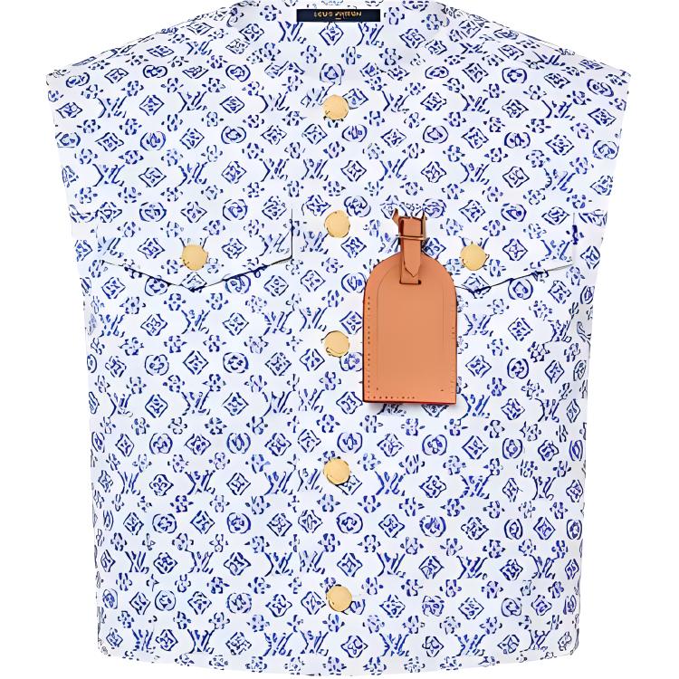 (Women) Louis Vuitton Blue Logo Printed Sleeveless Button-Up Jacket 1AFT50