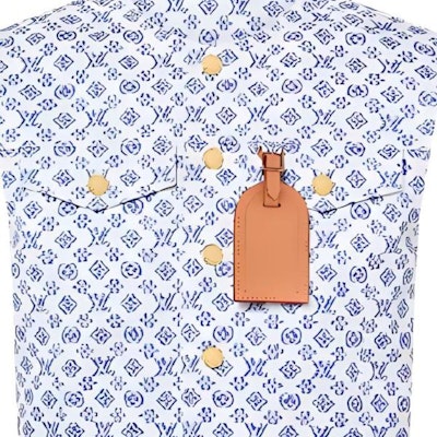 (W) Chaleco sin mangas abotonado Louis Vuitton azul con logo estampado. 1AFT50 Sizing (W) Chaleco sin mangas abotonado Louis Vuitton azul con logo estampado. 1AFT50