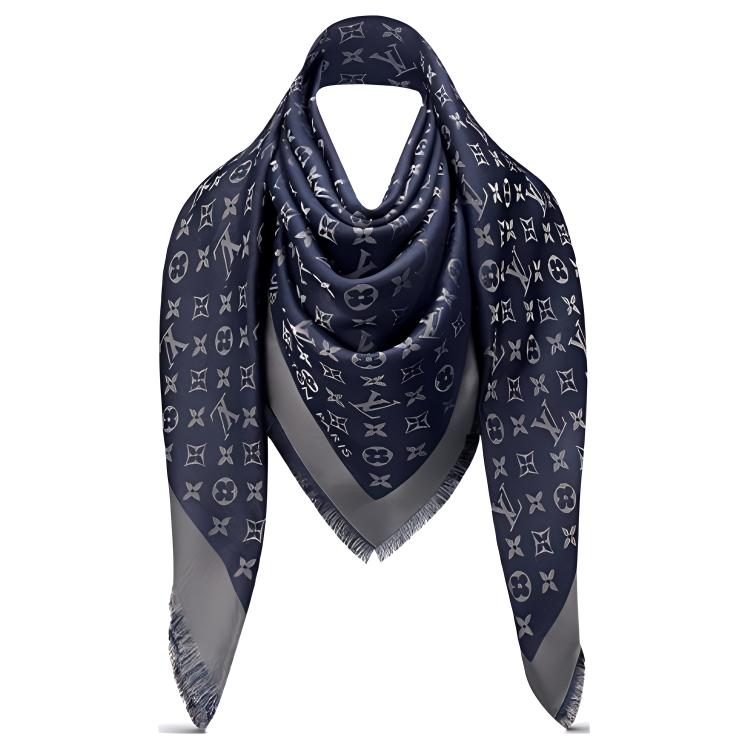 (Women) LOUIS VUITTON Classic Monogram Silk Shawl Night Blue M73658