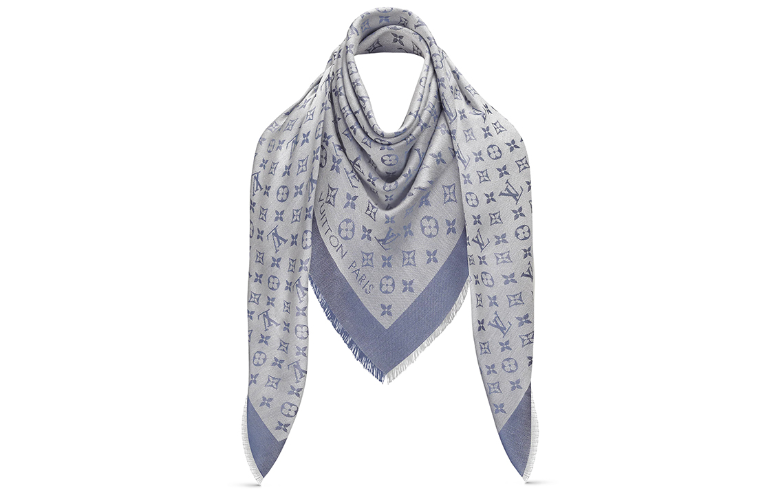 (Women) LOUIS VUITTON Classic Monogram Tassel Silk Wool Shawl Light Blue M71382