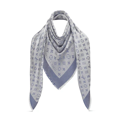 (Women) LOUIS VUITTON Classic Monogram Tassel Silk Wool Shawl Light Blue M71382