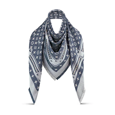 (Women) Louis Vuitton Denim Silk Wool Shawl Scarf Collection M73698