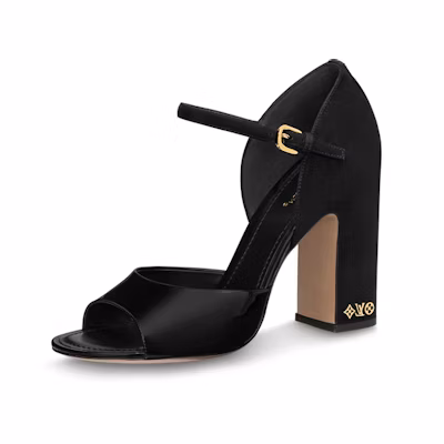 (W) LV Don 'Black Leather Buckle Chunky Heel Sandal'