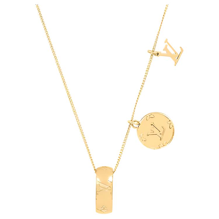 (Women) LOUIS VUITTON Embossed Ring Pendant Necklace Women Gold M80189