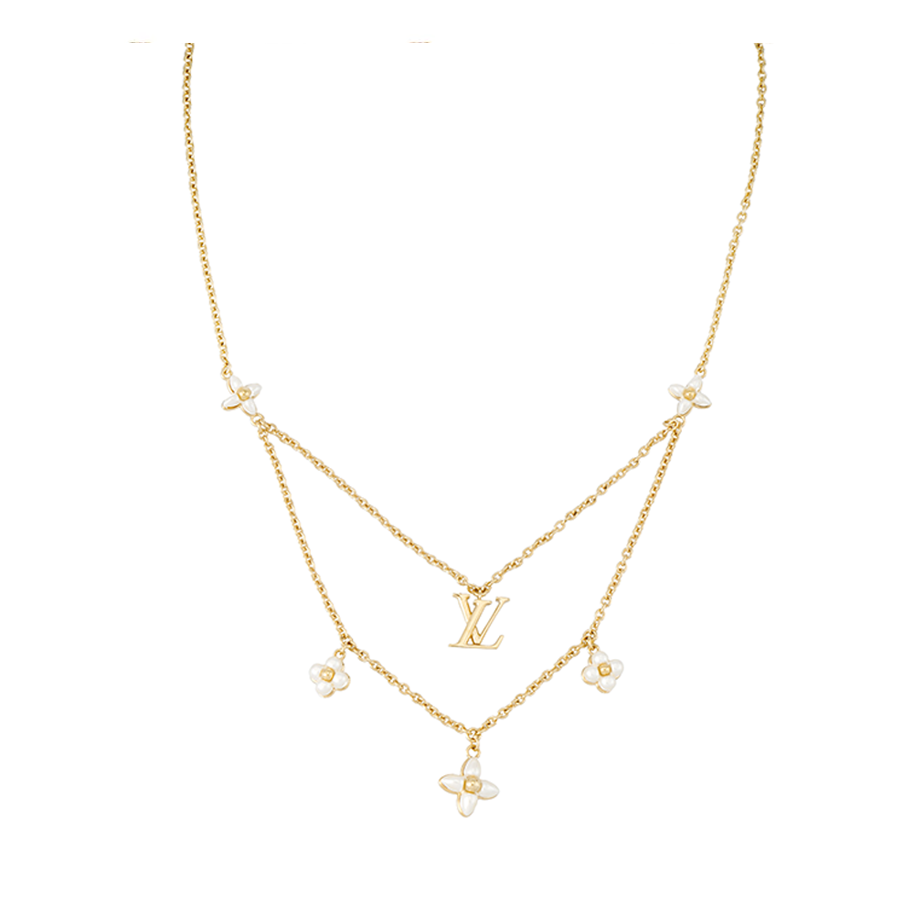 (Women) Louis Vuitton Floragram Dual Chain Adjustable Floral Pendant Necklace Gold . M00981