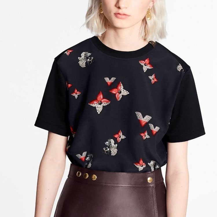 Shop (W) Louis Vuitton Kaos Slim Fit Motif Bunga Wanita Hitam Casual 1A88S5