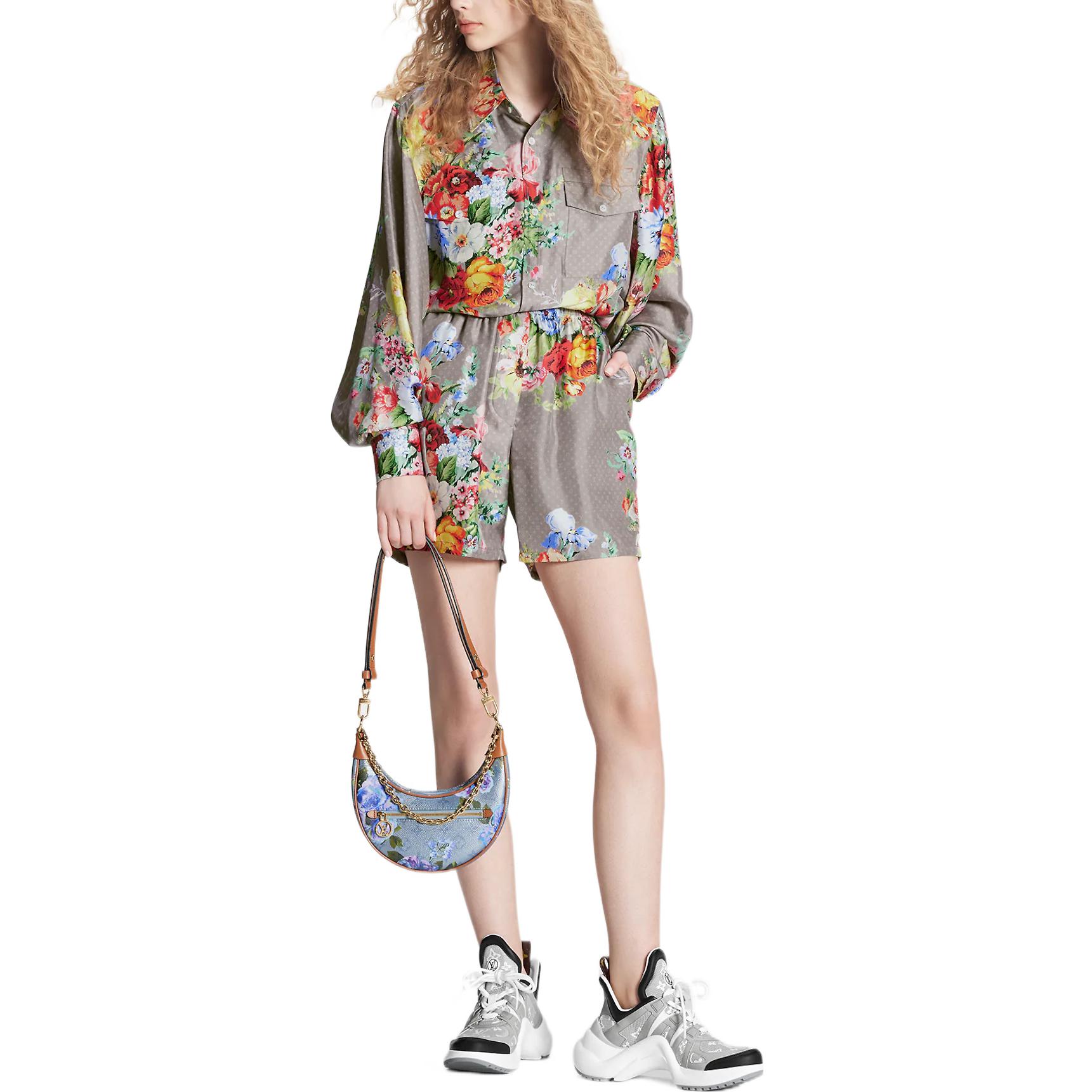 Lookbook (W) 루이비통 플로럴 프린트 파자마 스타일 여성 엘라스틱 웨이스트 쇼츠. 1AALV0