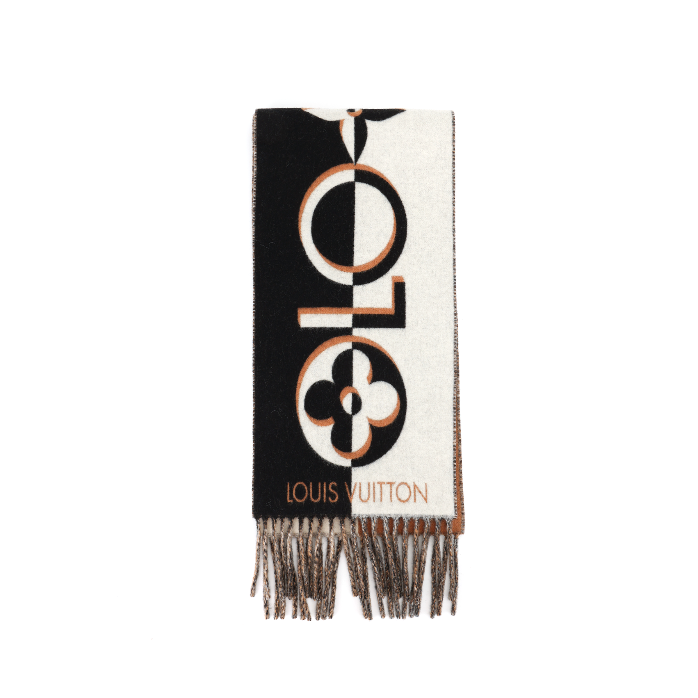 (Women) LOUIS VUITTON Fringe Knit Scarf  Black/White. M90806