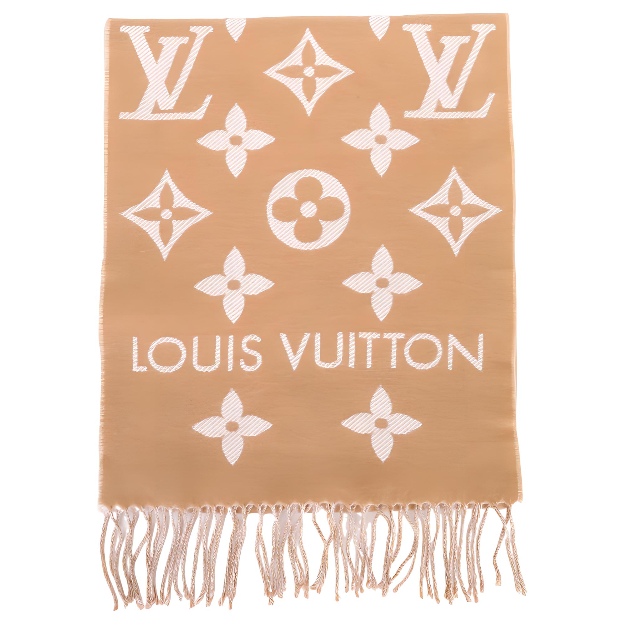 (Women) LOUIS VUITTON Fringe Monogram Wool Knit Scarf  Brown. M77728