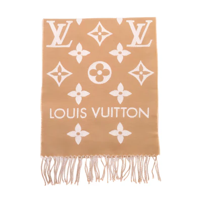 (Women) LOUIS VUITTON Fringe Monogram Wool Knit Scarf Brown. M77728