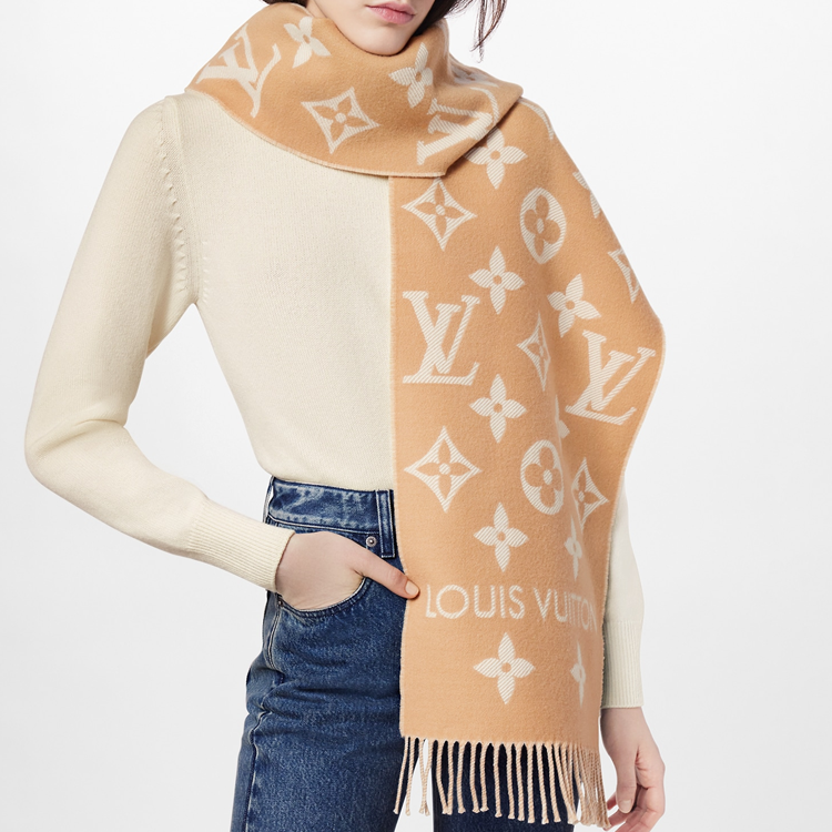 (Women) LOUIS VUITTON Fringe Monogram Wool Knit Scarf  Brown. M77728 圖 4