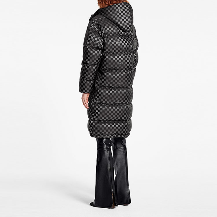 Shop (Women) LOUIS VUITTON FW21 Black Checkered Long Hooded Down Jacket 1A5IBT