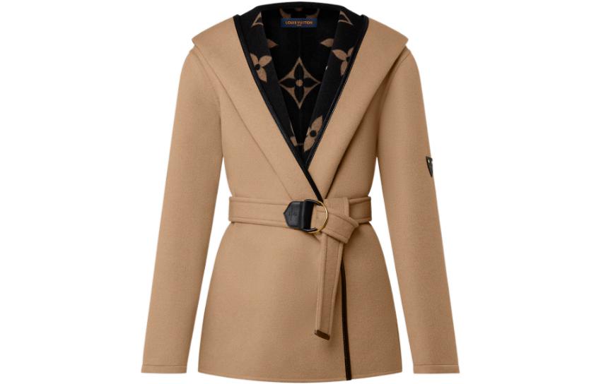 Order (W) Louis Vuitton FW22 Kot Coklat Logo Bercetak dengan Kolar Belted Luar. 1AAGCX