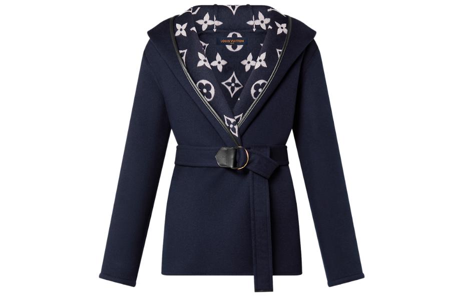 (Women) LOUIS VUITTON FW23  Double-Breasted Belted Hooded Coat Navy Blue. 1ABSIP