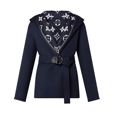 (Women) LOUIS VUITTON FW23 Double-Breasted Belted Hooded Coat Navy Blue. 1ABSIP