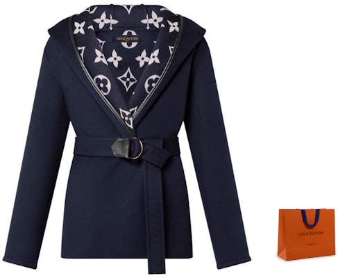 (Women) LOUIS VUITTON FW23 Double-Breasted Belted Hooded Coat Navy Blue. 1ABSIP 1