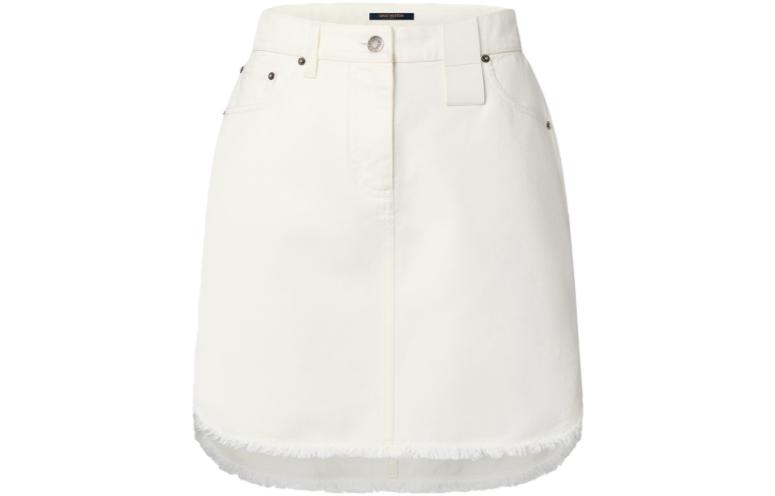 (Women) LOUIS VUITTON FW23  Solid Button Frayed Denim Skirt White. 1ABPWB