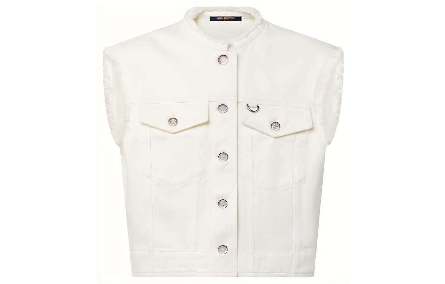 (Women) Louis Vuitton FW23 Frayed Sleeveless Denim Jacket White Fashion 1ABPVF