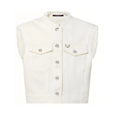 (Women) Louis Vuitton FW23 Frayed Sleeveless Denim Jacket White Fashion 1ABPVF