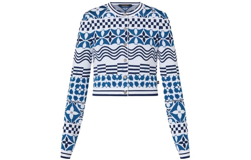 (Women) LOUIS VUITTON FW23 Geometric Jacquard Knit Short Sweater Women Blue 1ABQJ8 圖 2