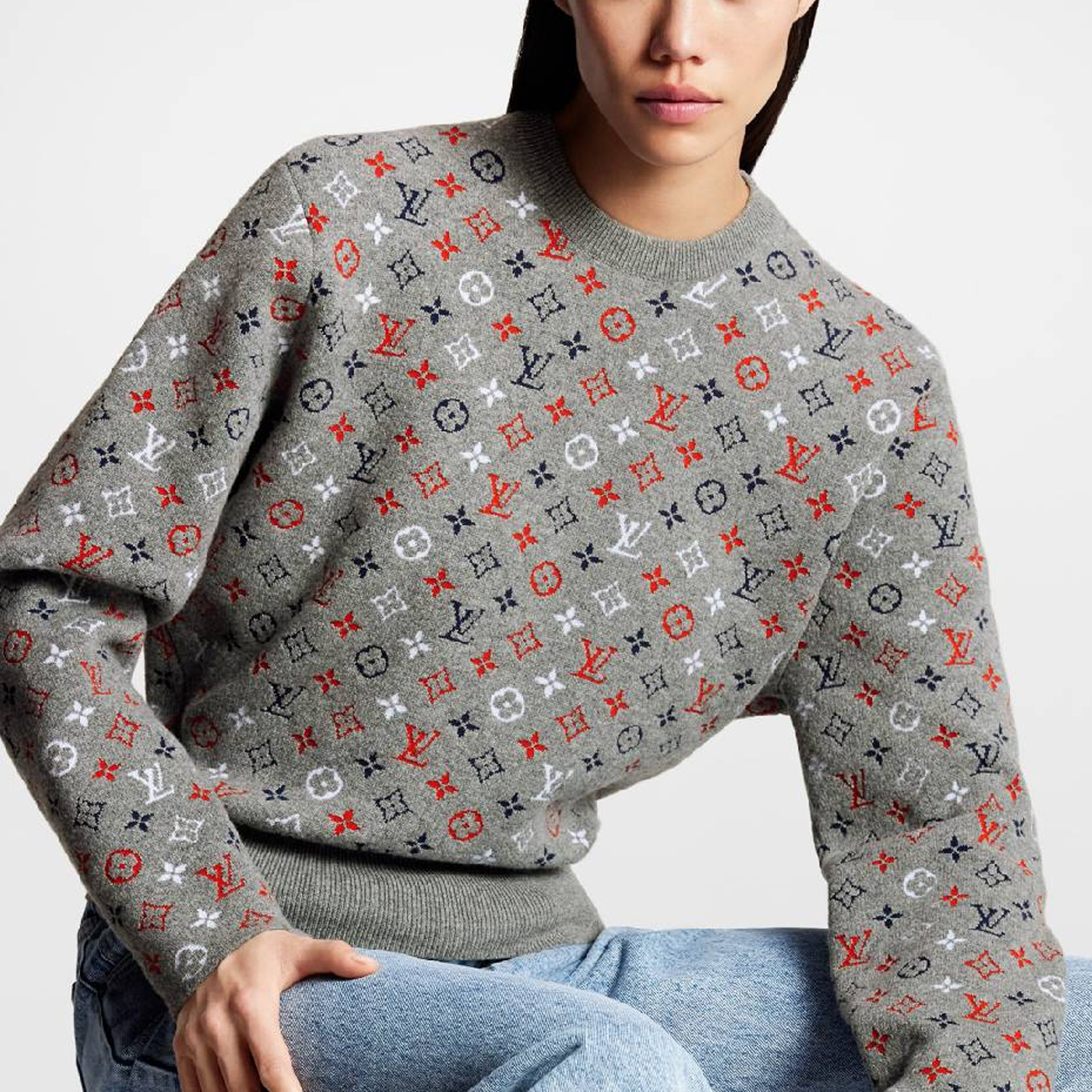 Shop (W) 루이비통 FW23 로고 자카드 니트 크루넥 스웨터 그레이 1AC3X9