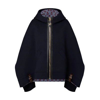 (Women) LOUIS VUITTON FW23 Monochrome Zip-Up Hooded Leather Cape Women Blue Black 1ABQNI