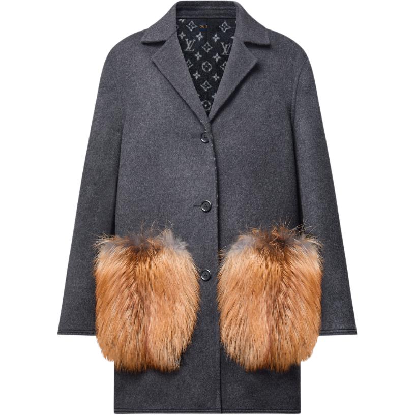 (Women) LOUIS VUITTON FW24  Grey Long Sleeve Coat with Fox Fur Pocket Trim. 1AGGMD 圖 2