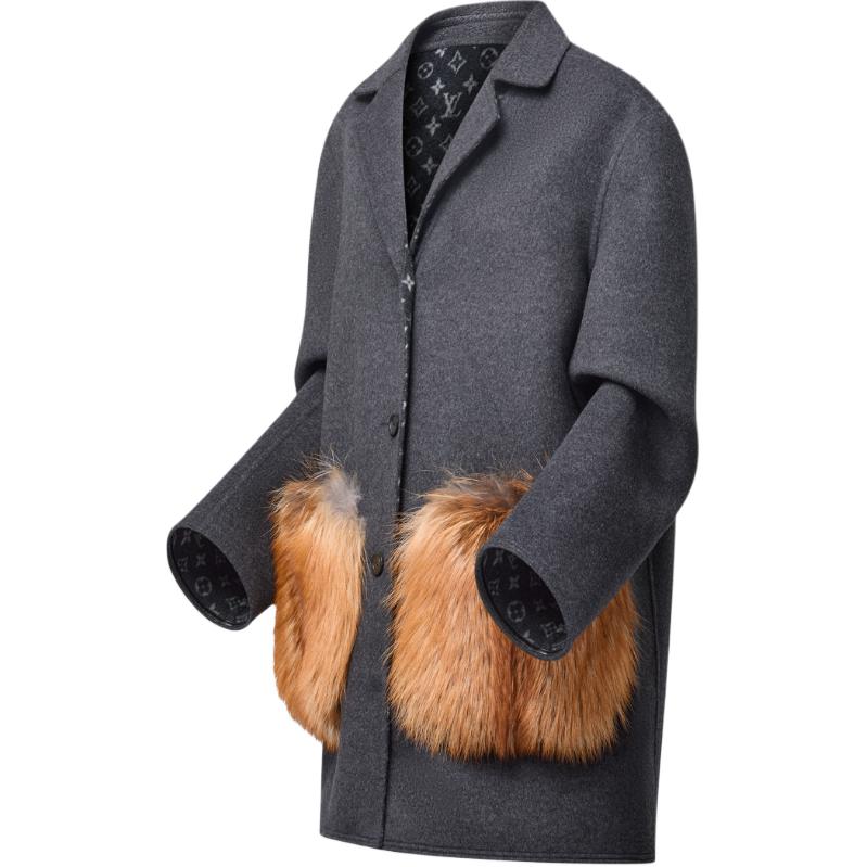 (Women) LOUIS VUITTON FW24  Grey Long Sleeve Coat with Fox Fur Pocket Trim. 1AGGMD 圖 4