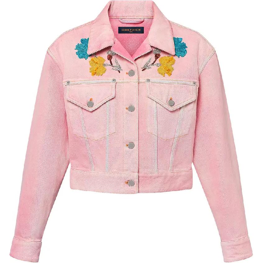 (Women) Louis Vuitton FW24 Floral Print Cuban Collar Pink Denim Jacket . 1AFTB2