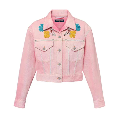 (Women) Louis Vuitton FW24 Floral Print Cuban Collar Pink Denim Jacket . 1AFTB2