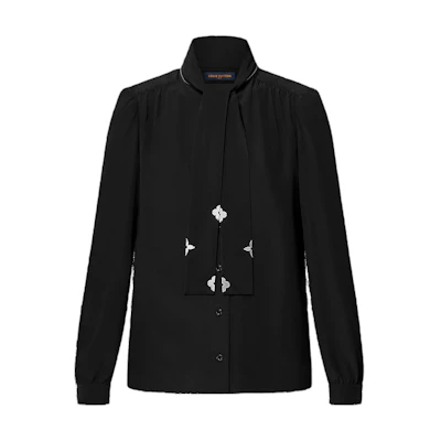 (Women) LOUIS VUITTON FW24 Monogram Long Sleeve Shirt Black with Detail Trim. 1AGAY2