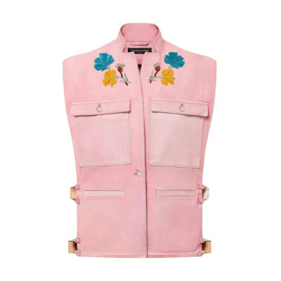 (Women) Louis Vuitton FW24 Pink Floral Embroidered Sleeveless Workwear Jacket 1AFT56