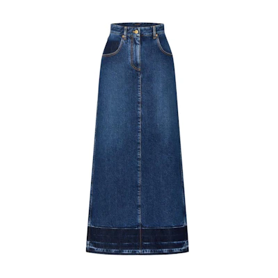 (Women) LOUIS VUITTON FW24 Washed High-Waist Slit Denim Skirt Blue. 1AFTGF