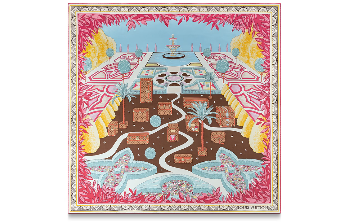 (Women) LOUIS VUITTON Garden Print Pink Silk Scarf for Women - Stylish & Versatile. M78447