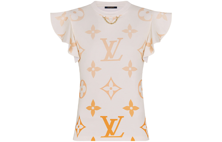 (Women) Louis Vuitton Gradient Monogram Print Ruffle Sleeve T-Shirt Pink (). 1A8RPM