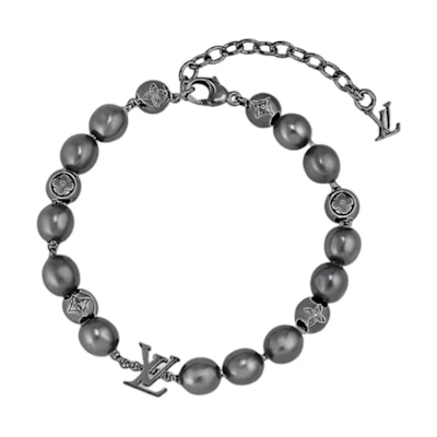 (Women) Louis Vuitton Interlocking Monogram Pearl Metal Bracelet Silver Accessory M0995A