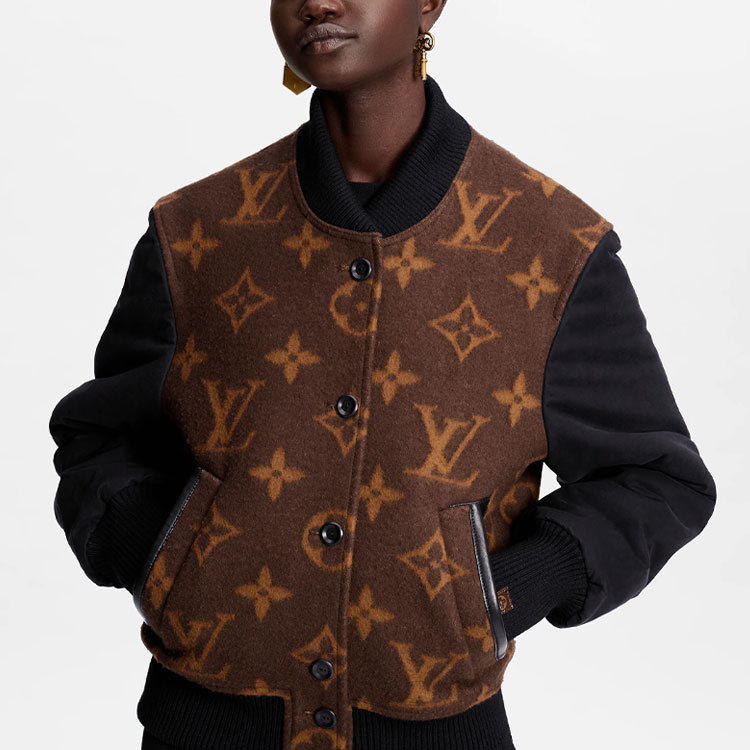 Shop (W) 路易威登 女士單排扣飛行員外套 棕色提花拼布設計 1A9DJ7
