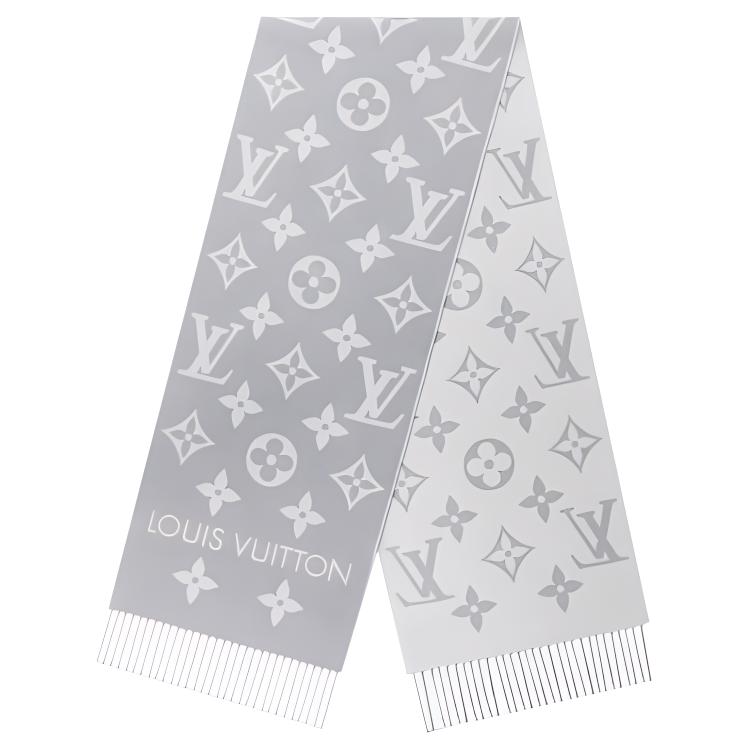 (Women) Louis Vuitton Large Logo Print Wool Fringe Scarf Grey  Fashion M77727