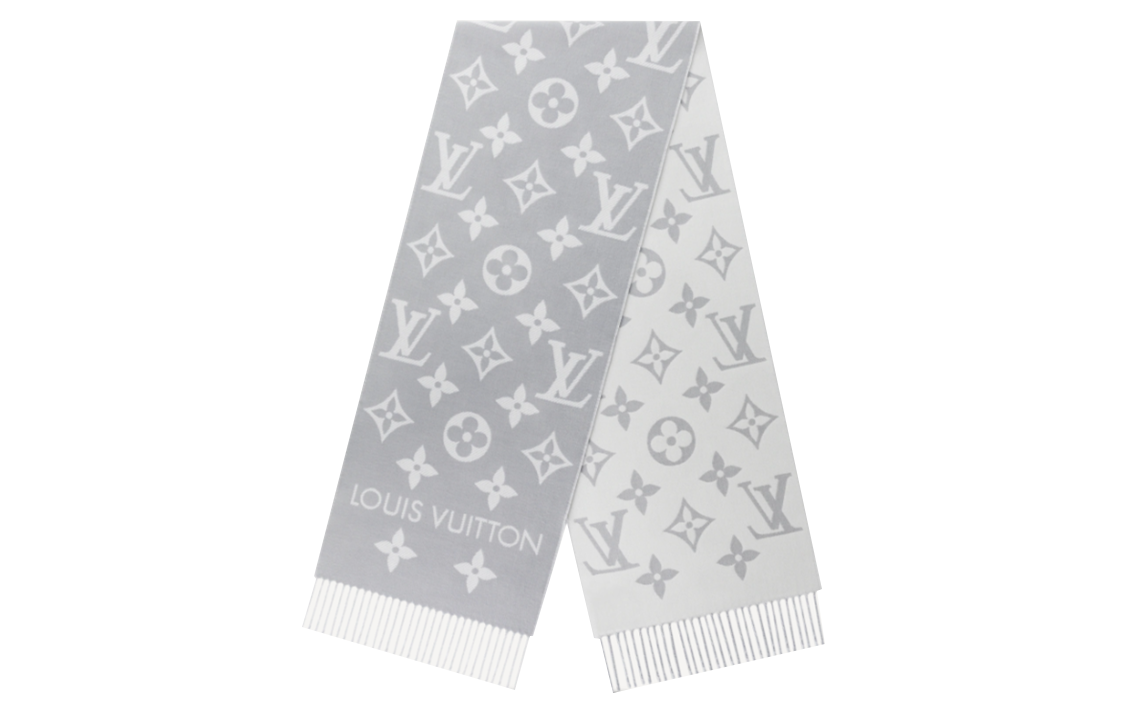 (Women) Louis Vuitton Large Logo Print Wool Fringe Scarf Grey  Fashion M77727 圖 2
