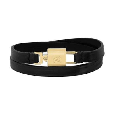 (Women) Louis Vuitton Leather Metal Logo Design Bracelet Black M4206F