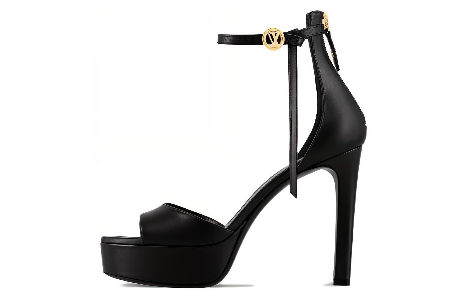 (Women) Louis Vuitton Leather Peep-Toe High-Heel 'Monogram Strap' Sandal 9cm 'Black' 1ACHFQ