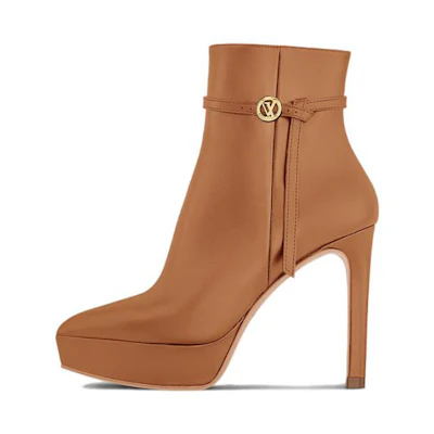 (W) LV Leather Pointed-Toe High-Heel Ankle Boot 'Brown'