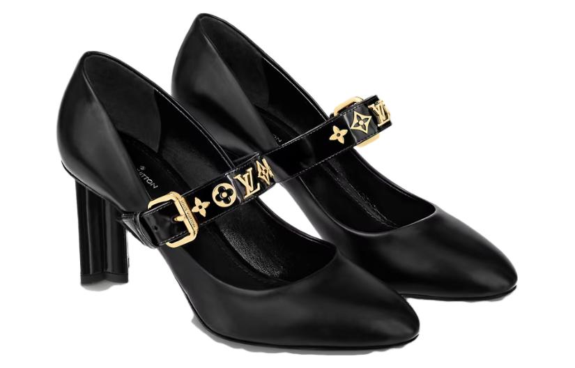 Lookbook (Women) Louis Vuitton Leather Pointed Toe Buckle Chunky Heel 'Black' 7.5cm 1A93CX