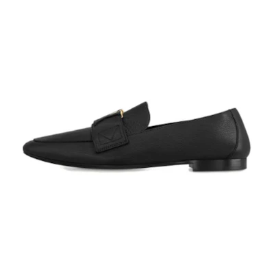 (W) LV Leather Pointed Toe Slip-On Flat 'Black Loafer'