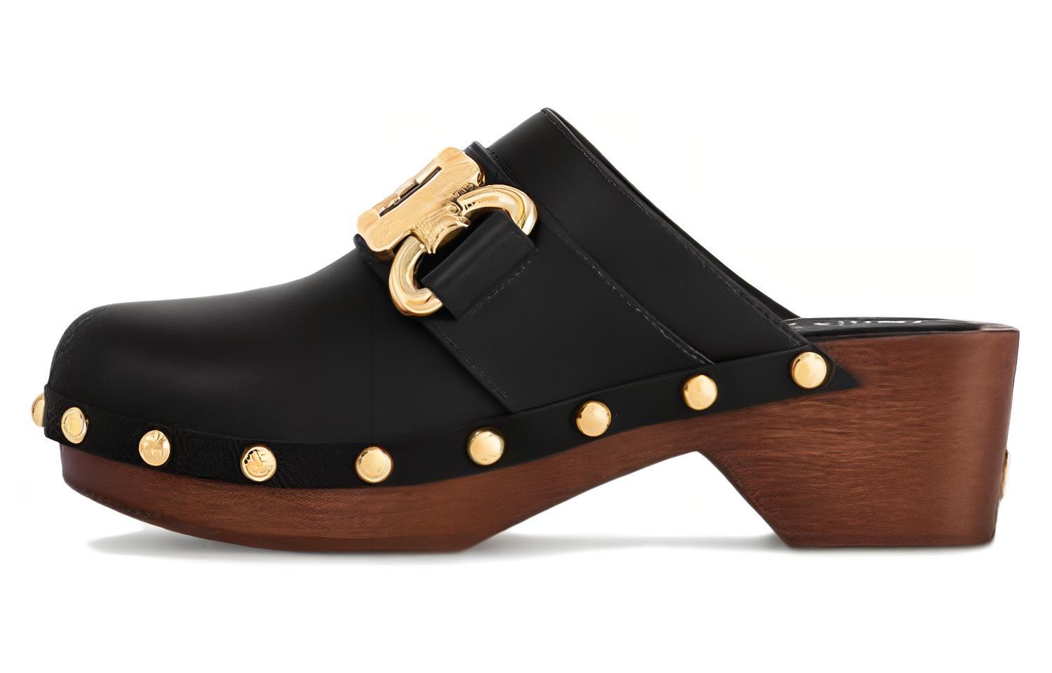 (W) LV Leather Round Toe Clog Slippers 'Black'