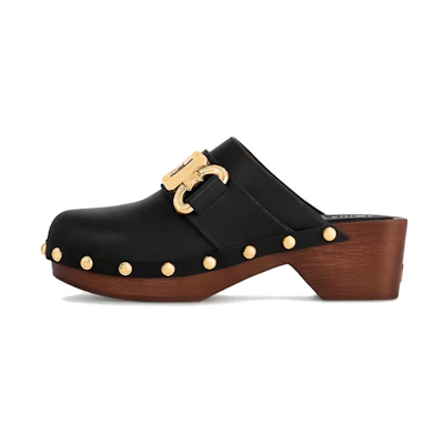 (W) LV Leather Round Toe Clog Slippers 'Black'