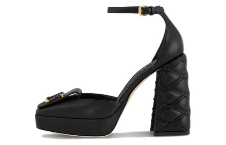 (Women) Louis Vuitton Leather Square-Toe Buckle Chunky High Heels 'Black' 1ACMZA
