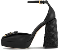 (Women) Louis Vuitton Leather Square-Toe Buckle Chunky High Heels 'Black' 1ACMZA (Women) Louis Vuitton Leather Square-Toe Buckle Chunky High Heels 'Black' 1ACMZA
